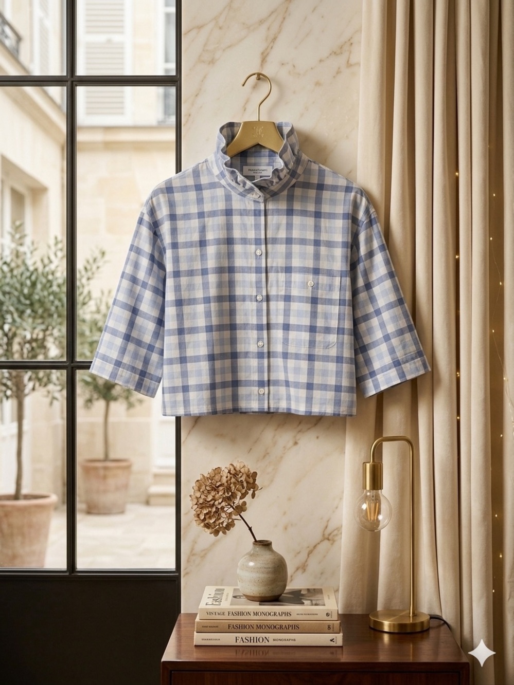 Upcycled Light Blue & White Checkered Cropped Button-Up Shirt